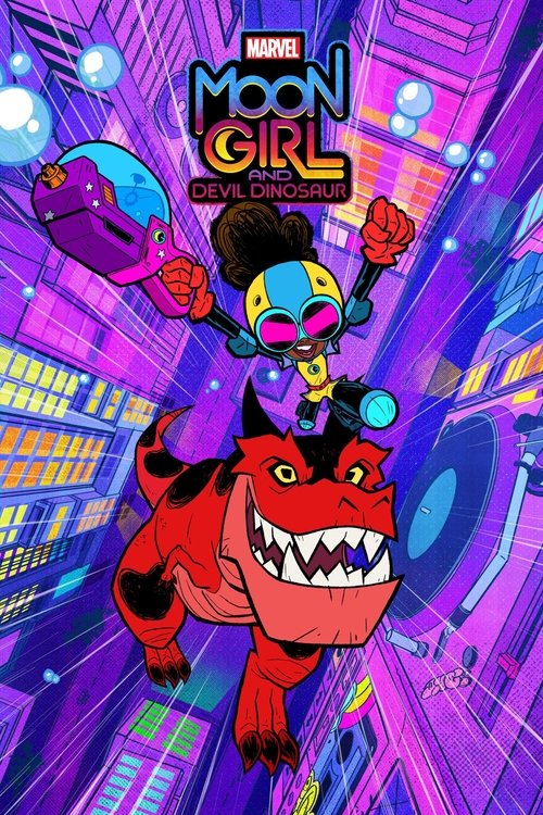 The poster features a vibrant purple and pink cityscape with neon lights, creating a futuristic atmosphere. A red Devil Dinosaur with sharp teeth and a determined expression dominates the foreground, while a blue and yellow Moon Girl with glowing eyes and a determined expression stands confidentl...