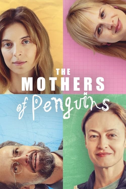 This poster features four women with distinct expressions, set against vibrant pastel backgrounds. The title "The Mothers of Penguins" is prominently displayed in bold white text. The overall mood is warm and inviting, suggesting a family-oriented comedy.