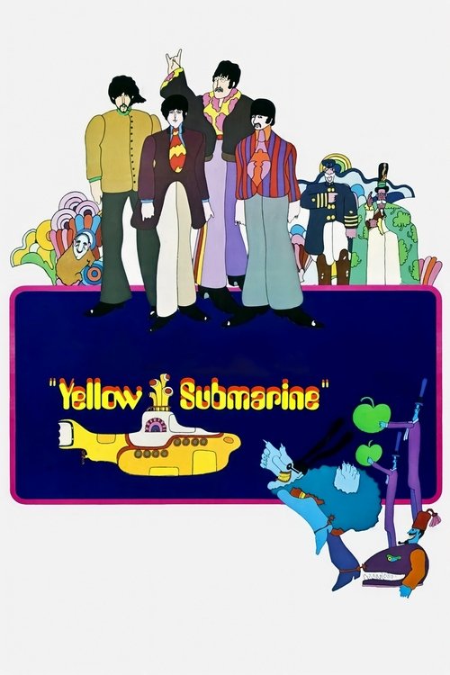 The poster features a vibrant group of characters standing proudly against a deep blue background, with the title "Yellow Submarine" prominently displayed in playful yellow text. The scene exudes a cheerful, adventurous mood, capturing the essence of the classic animated adventure.