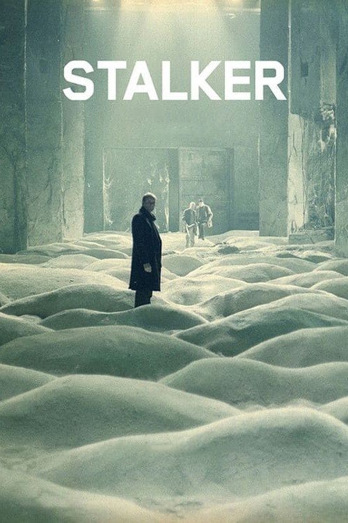 The poster features a lone figure in a dark coat walking through a vast, eerie landscape of swirling, pale clouds. The muted green and gray tones evoke a sense of isolation and dread, while the stark white text "STALKER" anchors the ominous atmosphere.