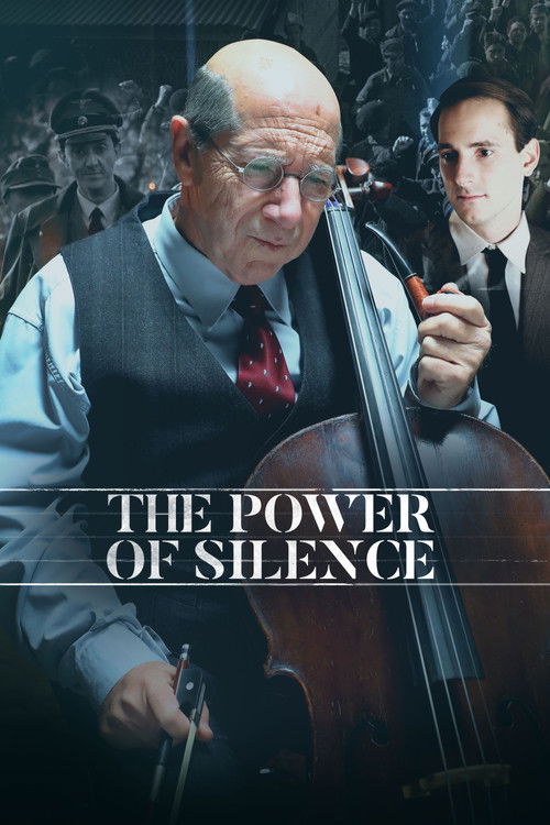 The poster features a man in a dark vest and red tie, playing a large cello with intense focus. Another man looks on with a serious expression. The muted colors and shadowy background create a mysterious and dramatic atmosphere, emphasizing the film's theme of silence and power.