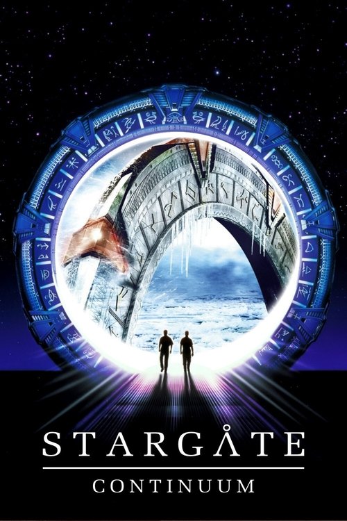 The poster features silhouettes of two figures standing against a glowing portal, evoking mystery and adventure. Deep blues and purples dominate the design, creating a mystical atmosphere. The title "Stargate: Continuum" anchors the image, suggesting a cosmic journey.