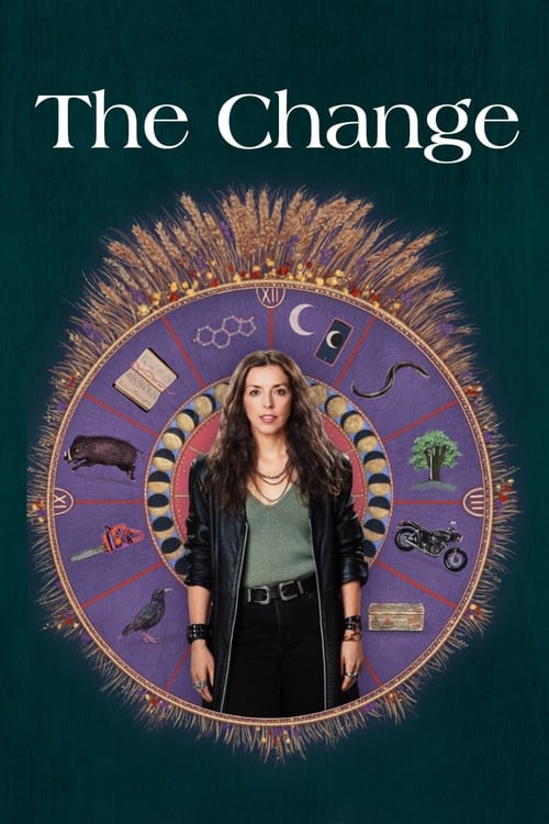 The Change poster features a woman standing before a mystical, sunburst-like circle filled with various symbols and creatures. The deep teal background contrasts with the vibrant purple circle, creating a mystical atmosphere. The overall mood is enchanting and mysterious, inviting viewers into a ...