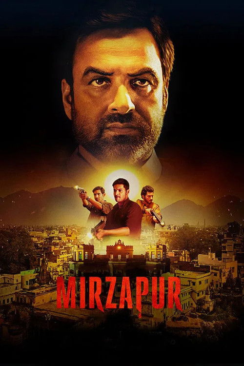 The poster features a dramatic close-up of actor Anil Kapoor against a dark, moody background. Below him, three characters stand in front of a hazy, golden sunset over a sprawling cityscape, evoking a sense of mystery and intrigue. The title "Mirzapur" glows in bold red letters at the bottom, sug...