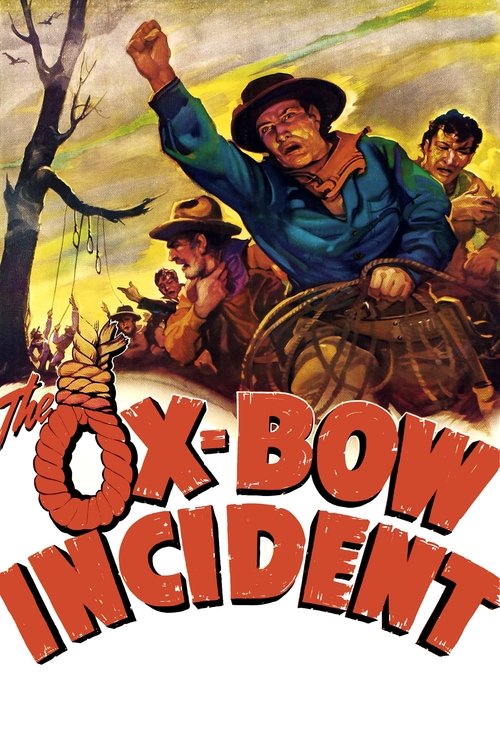 The poster depicts a rugged cowboy in a blue shirt and hat, raising his fist as he rides a horse. Surrounding him are other characters, including a man in a hat and another figure in the background. The scene is set against a dramatic sky with hints of orange and yellow. The title "Ox-Bow Inciden...