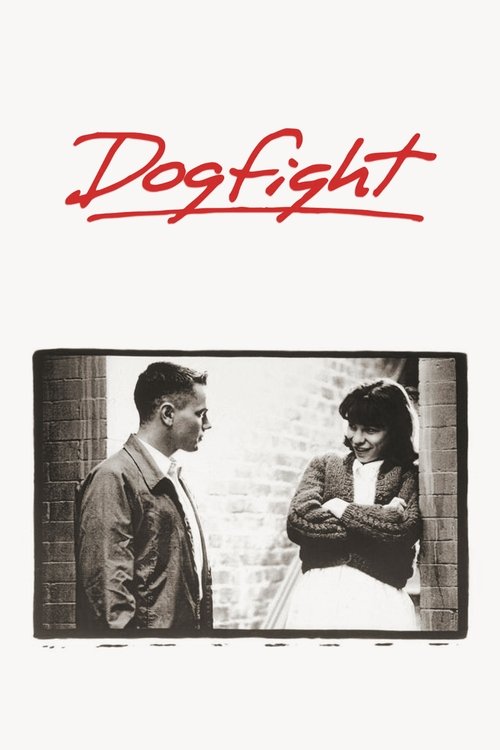 The poster features a dramatic black-and-white scene with two characters in a tense moment, one holding a gun while the other stands nearby. The bold red title "Dogfight" dominates the top, evoking a sense of action and conflict. The muted tones and dramatic composition suggest a gritty, high-sta...