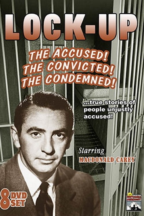 The poster features a man in a suit against a dark, gritty background with vertical bars, suggesting confinement or imprisonment. The bold, capitalized title "LOCK-UP" dominates the top, emphasizing the theme of being caught or imprisoned. The color palette is dark with red accents, creating a so...