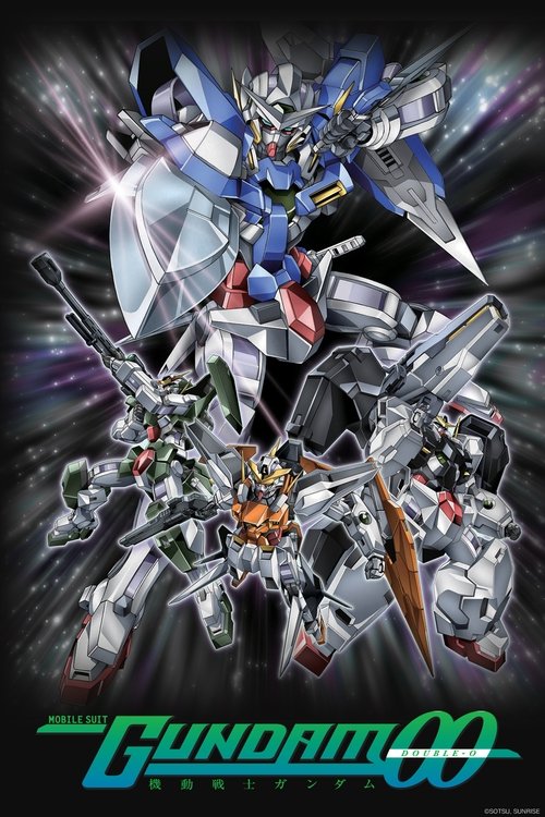 The poster features a dynamic scene with a central Gundam unit surrounded by smaller mobile suits, all set against a dark, starry background. The colors are vivid, with metallic blues, whites, and oranges creating a sense of motion and energy. The mood is intense and heroic, capturing the essence...