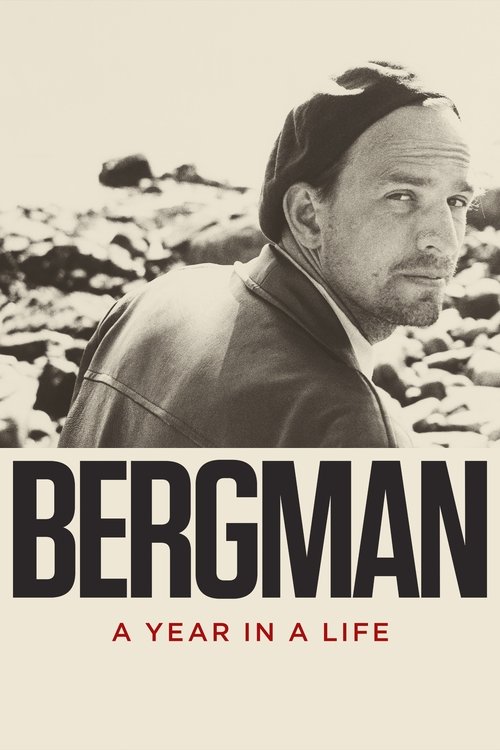 The poster features a sepia-toned portrait of a man with a contemplative expression, set against a rocky, earthy background. Bold typography in black and red emphasizes the title "BERGMAN," while the subtitle "A YEAR IN A LIFE" adds depth to the cinematic narrative. The muted color palette evokes...