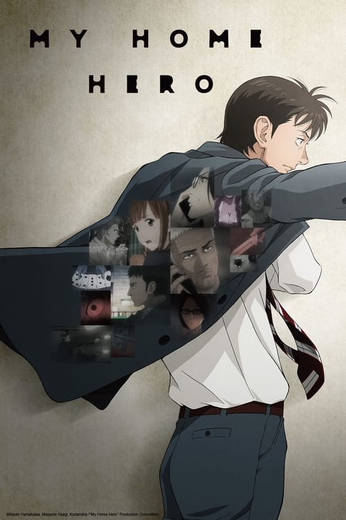 The poster features a young man in a white shirt and tie, holding a dark coat that reveals a collage of faces and objects inside. The background is a muted beige, and the title "MY HOME HERO" is prominently displayed at the top. The mood is mysterious and slightly melancholic, suggesting themes o...