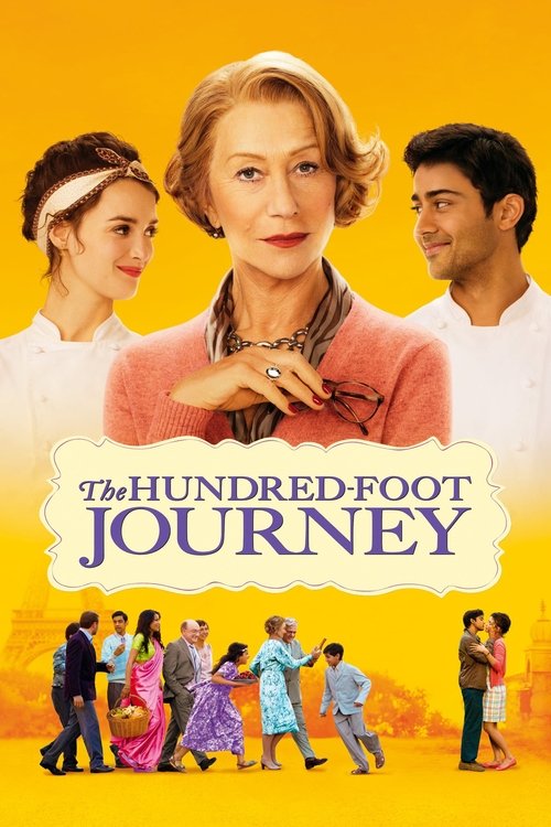 The poster features a central woman with blonde hair and a warm pink sweater, flanked by two young women in white tops. Below, a group of diverse children walk together against a bright yellow background. The title "The Hundred-Foot Journey" is prominently displayed in bold purple letters. The ov...