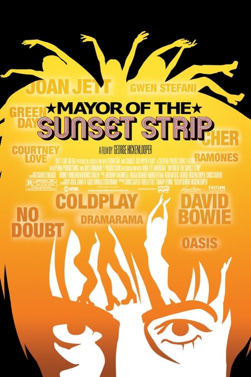 This poster features silhouettes of people against a fiery orange background, evoking a sense of urgency and danger. The title "Mayor of the Sunset Strip" is prominently displayed in bold yellow text, with additional names like "Cody B. Jones" and "Glen D. Sullivan" listed below. The overall desi...