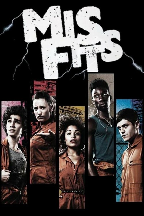 The poster features six characters against a dark background with the title "Misfits" in bold, distressed white letters. Vibrant colors like reds, oranges, and blues create a dynamic contrast, evoking a sense of rebellion and youthful energy. The mood is energetic and rebellious, capturing the es...