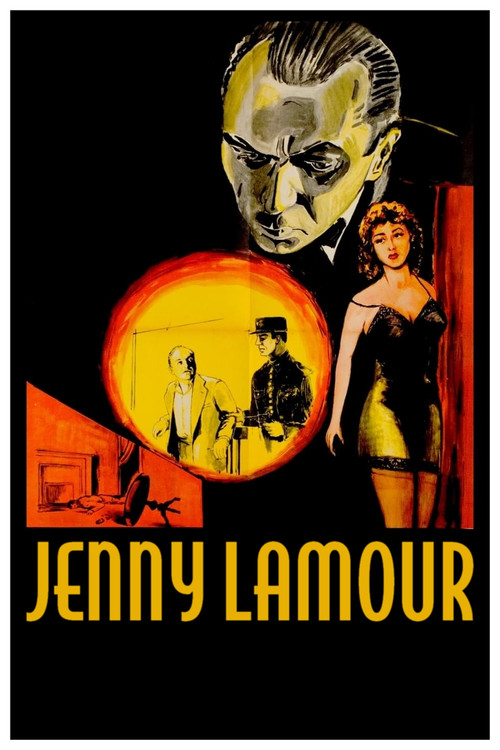 The poster features a striking black-and-white portrait of a man with a pale face, set against a fiery orange circle. A woman in a black dress stands to the right, while a couple is visible within the circle. The title "Jenny Lamour" is boldly displayed at the bottom in yellow text. The overall m...