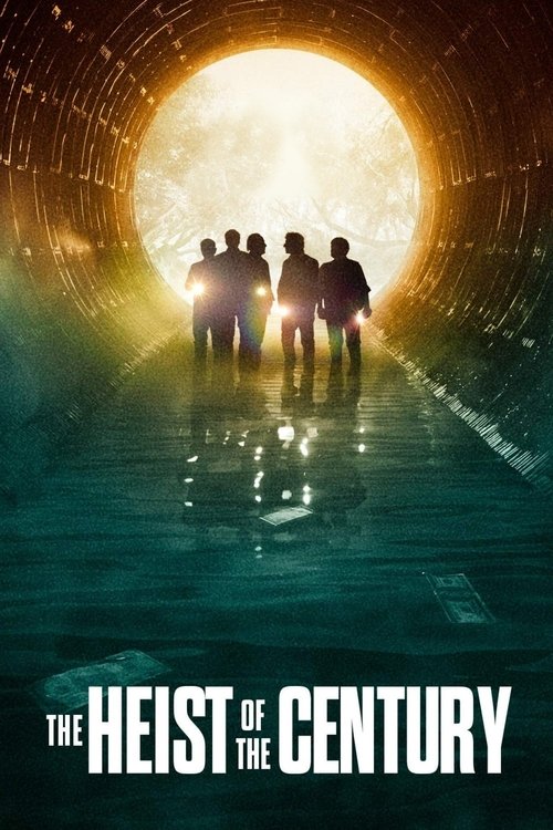 The poster depicts a group of silhouetted figures walking through a glowing tunnel, illuminated by a massive orb of light at the end. The cool blues and greens of the tunnel contrast with the warm glow of the orb, creating a mysterious and suspenseful atmosphere. The title "The Heist of the Centu...