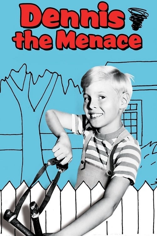 This TV show poster features a cheerful boy in a striped shirt holding a magnifying glass, set against a light blue background with a white picket fence. The bold red title "Dennis the Menace" dominates the top, conveying a playful and adventurous tone.