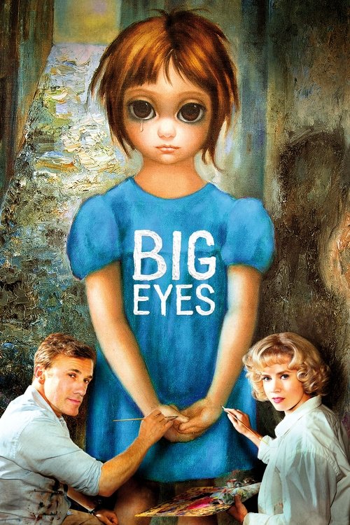 This movie poster for "Big Eyes" features a young girl with large, expressive eyes wearing a blue shirt with the title "BIG EYES" printed on it. She stands in front of two children, one with a serious expression and the other with a curious look. The overall mood is mysterious and intriguing, hin...