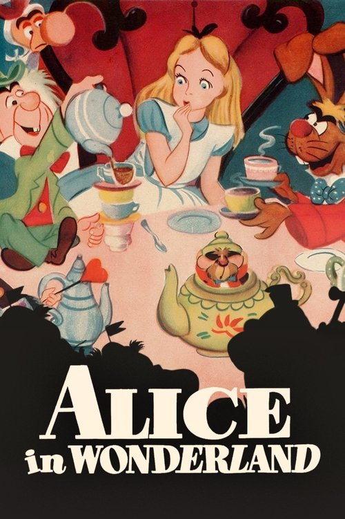The poster features a vibrant scene with Alice and her friends gathered around a tea party, surrounded by colorful characters like the Mad Hatter, Cheshire Cat, and the White Rabbit. The warm tones of the tea cups and the playful expressions create a whimsical and enchanting atmosphere, capturing...