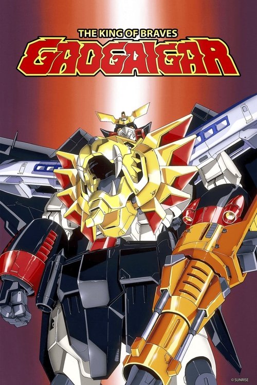 The poster showcases a dynamic scene featuring the iconic GaoGaiGar robot in action. The robot's vibrant yellow and red armor contrasts sharply with the dark background, creating a striking visual. The bold, stylized title text at the top adds to the energetic atmosphere. The overall mood is one ...