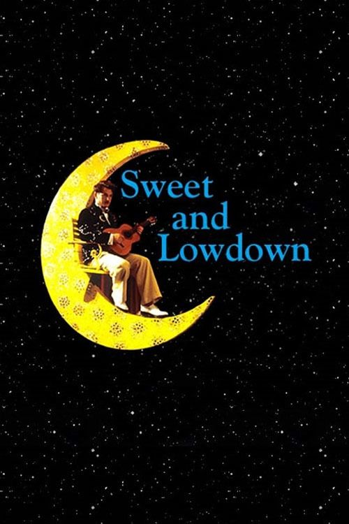 The poster features a couple sitting on a crescent moon against a starry night sky. The warm yellow moon contrasts with the deep black background, evoking a cozy, romantic mood. The title "Sweet and Lowdown" is written in blue, adding a touch of whimsy to the scene.