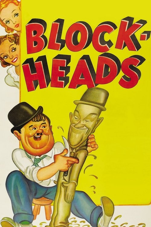 The poster features a cheerful man in a black hat and white shirt holding a large, menacing golden head. The title "BLOCK HEADS" is prominently displayed in bold red letters against a bright yellow background. The overall mood is playful yet sinister, suggesting a dark comedy or horror genre.