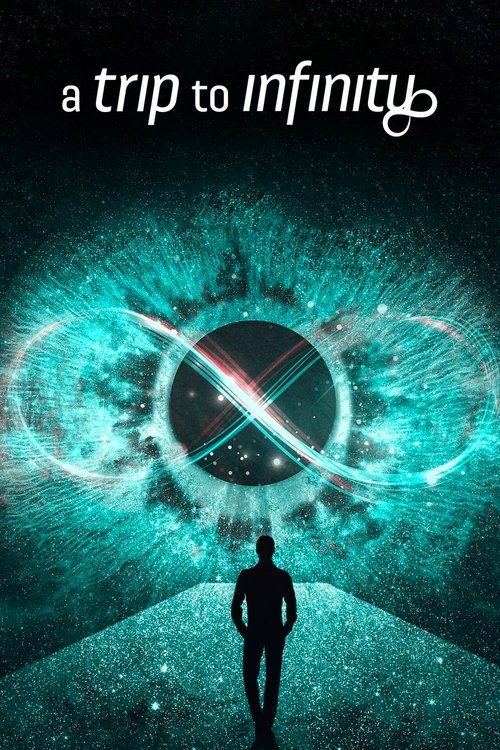The poster features a lone silhouette walking toward a mesmerizing, swirling vortex of teal and purple hues. The title "A Trip to Infinity" is elegantly placed at the top, evoking a sense of mystery and wonder. The overall mood is dreamlike and inviting, suggesting an endless journey beyond the k...