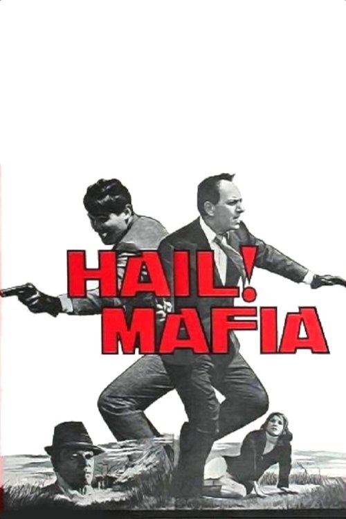 This black-and-white poster features two men in suits, one with a gun pointed forward and the other pointing down, set against a stark white background. The bold red "HAIL! MAFIA" text dominates the center, conveying a gritty, action-packed atmosphere.