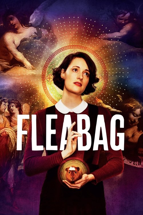 The poster features a woman with dark hair and a white collar, surrounded by mystical figures and glowing orbs. The title "FLEABAG" is prominently displayed in bold white letters. The overall mood is mysterious and enchanting, with rich purples and blues creating a dreamlike atmosphere.