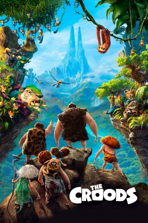The Croods poster captures a vibrant, lush jungle scene with rugged, earthy tones. A group of anthropomorphic animals, including a muscular man in a rock suit, stands on rocky cliffs overlooking a serene, blue valley. The mood is adventurous and playful, with the title "The Croods" prominently di...