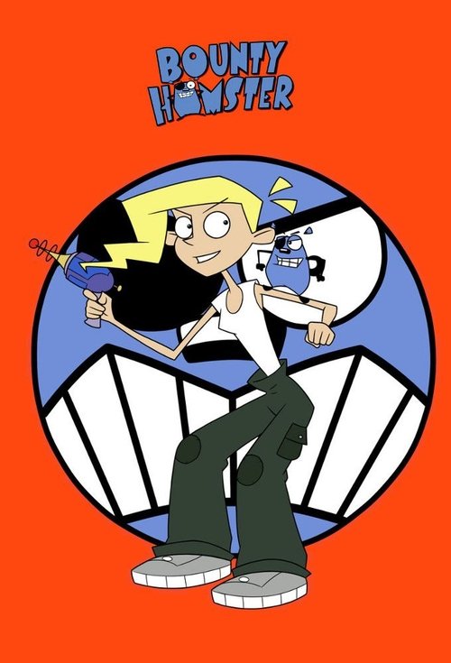 The poster features a cartoon bounty hunter with blonde hair, wearing a white shirt and green pants, holding a gun. She sits confidently on a large, stylized eye with a blue iris and white sclera. The background is a vibrant orange, and the title "Bounty Hamster" appears in bold, playful letterin...