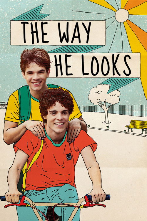 The poster features two boys on a bicycle, one with arms around the other, set against a sunny beach scene with a bench and clouds. The vibrant colors of yellow, orange, and blue create a cheerful, nostalgic atmosphere. The title "The Way He Looks" is prominently displayed in bold letters.