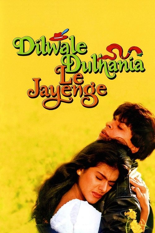 This movie poster features a romantic couple embracing against a vibrant yellow background, evoking a nostalgic and dreamy mood. The title "Dilwale Dulhania Le Jayenge" is prominently displayed in bold, stylized text, capturing the essence of their love story.