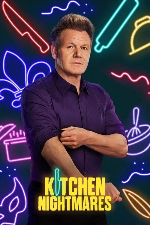 The poster features a confident man in a purple shirt against a vibrant neon background. The colorful glow of lights and glowing icons create a mysterious and intriguing atmosphere, hinting at the show's themes of unexpected culinary disasters.
