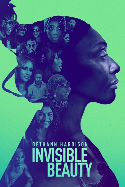 The poster features a silhouette of a woman against a vibrant green background, with her face and hair filled with intricate, layered images of diverse people. The cool blue tones contrast sharply with the bright green, creating a visually striking and mysterious atmosphere that hints at themes o...
