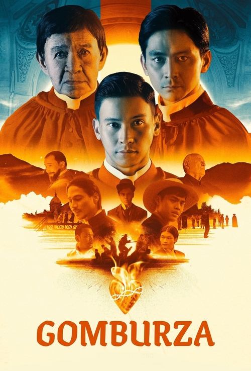 The poster features three men in period attire against a warm, golden sunset backdrop. Below them, a fiery explosion with a glowing emblem suggests action and mystery. The title "GOMBURZA" is prominently displayed at the bottom in bold, orange letters. The overall mood is dramatic and adventurous.