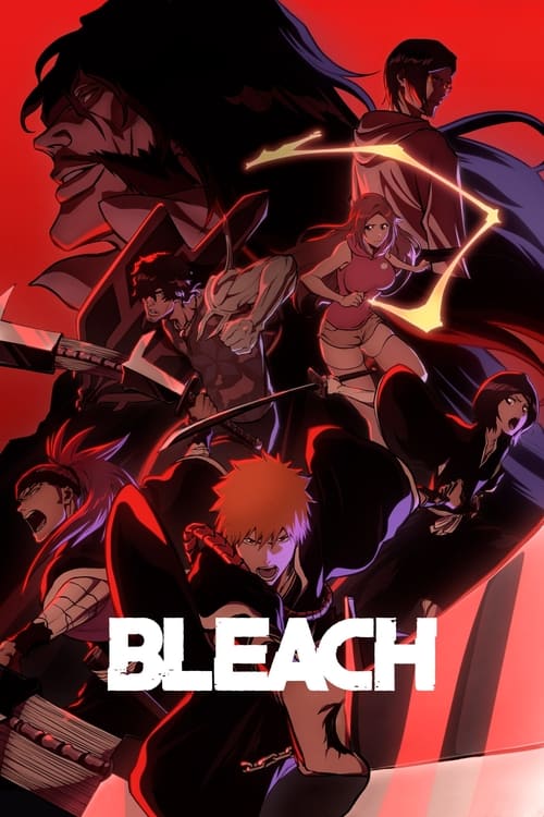 The poster features dramatic, intense characters in a dynamic pose against a vivid red background, conveying action and power. The bold white text "BLEACH" anchors the composition, emphasizing the show's supernatural themes.
