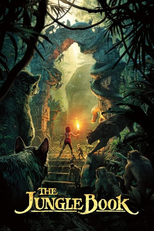 The poster depicts a mysterious jungle scene with a lone figure walking through glowing green foliage, surrounded by shadowy creatures. Warm golden light illuminates the path, contrasting with cool dark tones. The title "The Jungle Book" appears in elegant script at the bottom, evoking a sense of...
