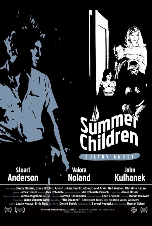 The poster features a haunting black-and-white image of a young boy in a dimly lit room, with a woman and child in the background. The title "Summer Children" is prominently displayed in bold, stylized lettering, evoking a sense of mystery and nostalgia. The overall mood is eerie and suspenseful,...