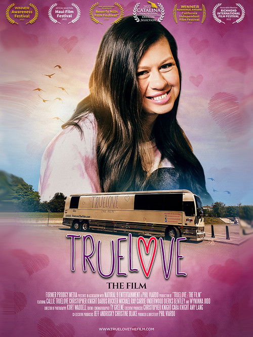 The poster features a woman with long dark hair smiling warmly against a dreamy pink and purple sky. Below her, a vintage bus sits on a serene lakeside, evoking nostalgia and romance. The title "Truelove" is prominently displayed in bold letters, with a heart symbol replacing the 'e' in "love." T...