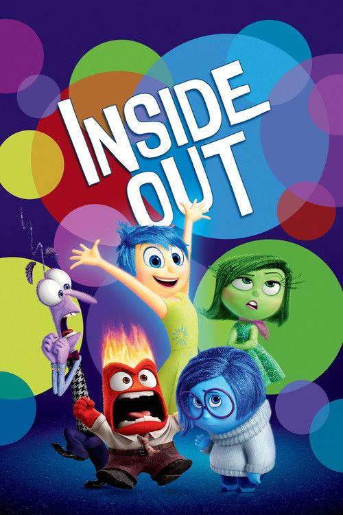 The poster features four animated characters in vibrant, colorful circles against a deep blue background. Joy, Sad, and Moe are depicted with expressive faces, while Moe is holding a guitar, suggesting a musical theme. The playful, energetic mood captures the essence of the Pixar movie.