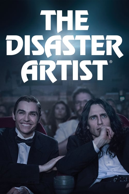 The poster features two men in formal attire, one smiling and the other resting his chin on his hand, set against a dark, moody background. The title "The Disaster Artist" is prominently displayed in bold white letters, evoking a sense of intrigue and drama.