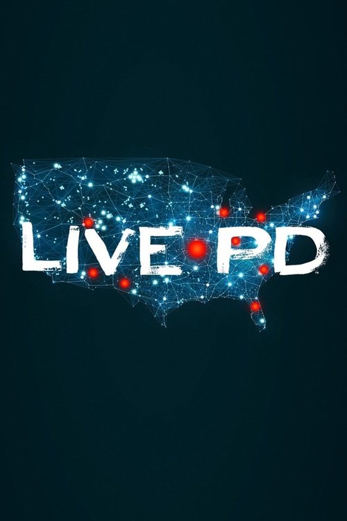 The poster features a dark blue background with the words "LIVE PD" in bold white letters, each letter outlined in a network of blue dots and red dots forming a stylized map of the United States. The overall mood is mysterious and intriguing, suggesting a high-stakes investigative show.