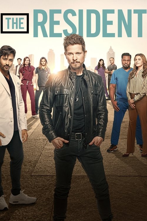 The Resident poster features a central man in a leather jacket against a warm, sunlit background. Surrounding him are diverse characters in colorful outfits, suggesting a vibrant and dynamic cast. The overall mood is energetic and inviting, capturing the essence of a popular sitcom with a lively ...
