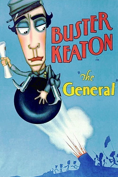 The poster features a caricatured General with a mischievous expression, holding a large revolver. The background is a vibrant blue sky with a small volcano erupting, emitting white smoke and orange flames. The bold red and yellow text "Buster Keaton" and "The General" dominate the composition, e...