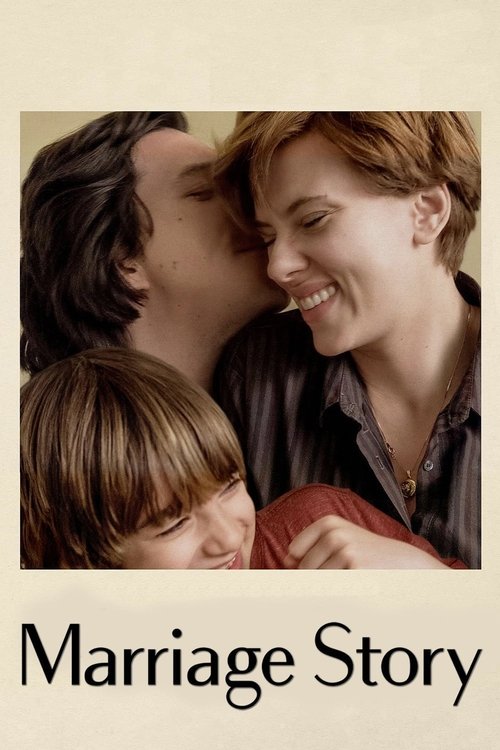 The poster features a tender moment between a woman and a young child, with the woman kissing the child's forehead. Warm tones of red, brown, and beige evoke a sense of love and warmth. The title "Marriage Story" is prominently displayed at the bottom, suggesting a narrative about family and love.