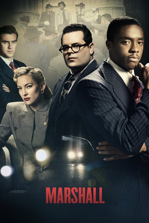 The poster features a group of men in suits, with one prominently in the center wearing glasses and a suit, while others stand behind him. The color palette is dark with red accents, creating a serious and dramatic mood. The title "MARSHALL" is displayed at the bottom in bold red letters.