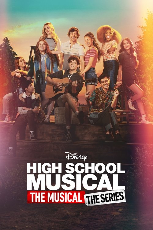 The poster features a vibrant group of teenage characters in colorful outfits, exuding a lively and energetic mood. The warm sunset hues create a nostalgic atmosphere, while the bold text announces the musical series.