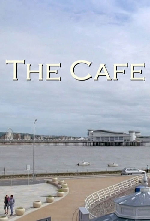 The poster features a serene waterfront scene with people walking along a sandy path, evoking a peaceful and contemplative mood. The muted tones of the water and sky, combined with the warm beige text, create a calm atmosphere that hints at the cozy and intimate setting of "The Café."