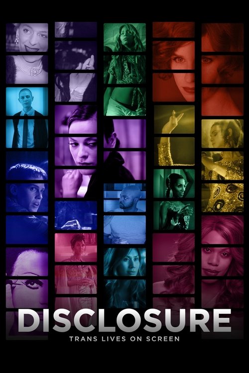 The poster features a grid of faces in vibrant, contrasting colors against a dark background, evoking mystery and intrigue. The title "Disclosure" is prominently displayed in bold white letters, suggesting themes of transparency and revelation.