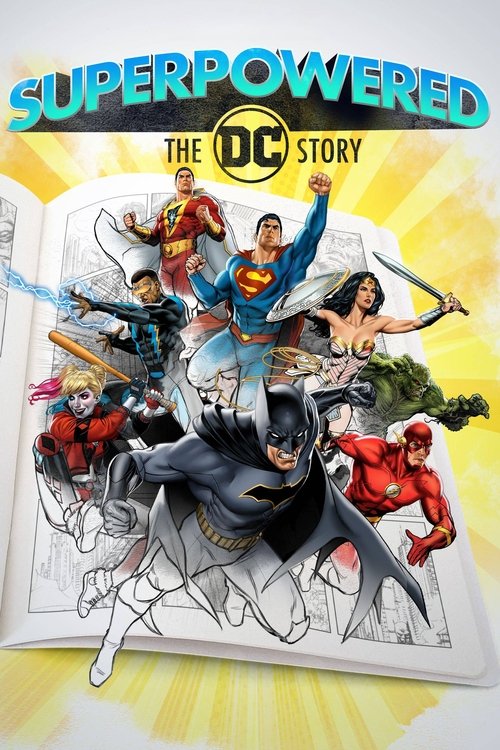 This vibrant poster showcases a dynamic scene of superheroes in mid-action, with Superman soaring above the others. The bright yellow background and bold colors create an energetic and exciting atmosphere. The comic book style adds depth to the image, making it visually appealing and engaging for...